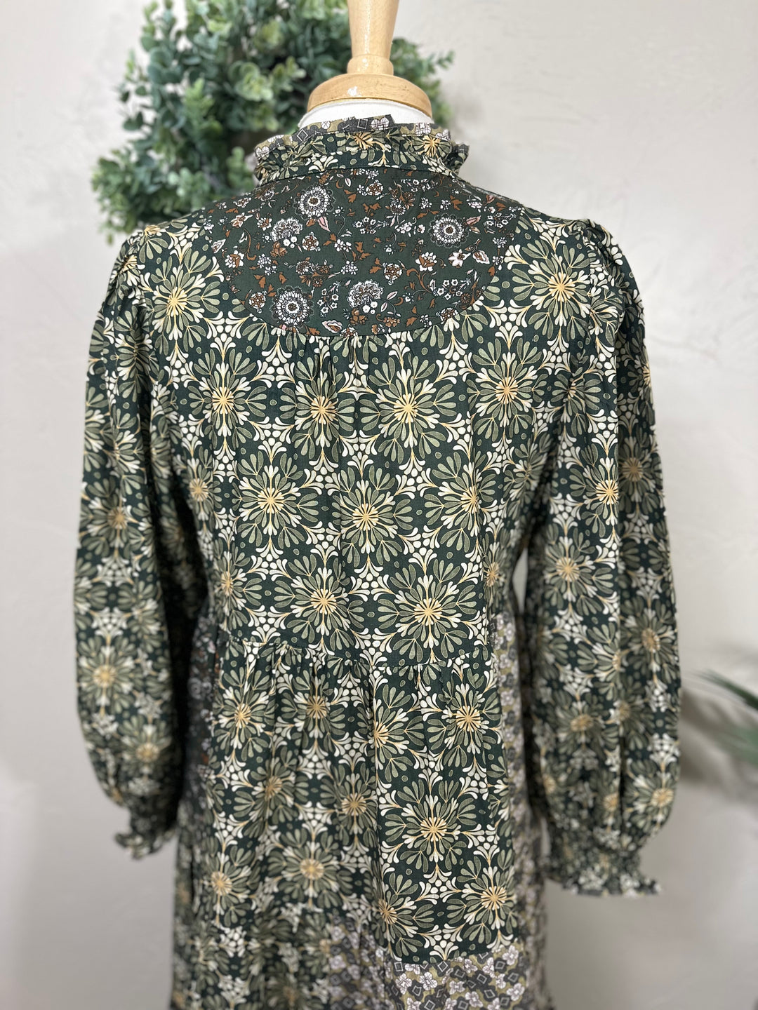Liza Lou's Harper Olive Mixed Print Tiered Modest Dress