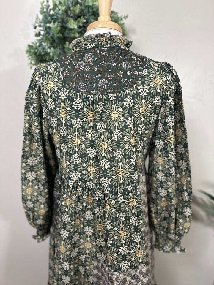 Liza Lou's Harper Olive Mixed Print Tiered Modest Dress