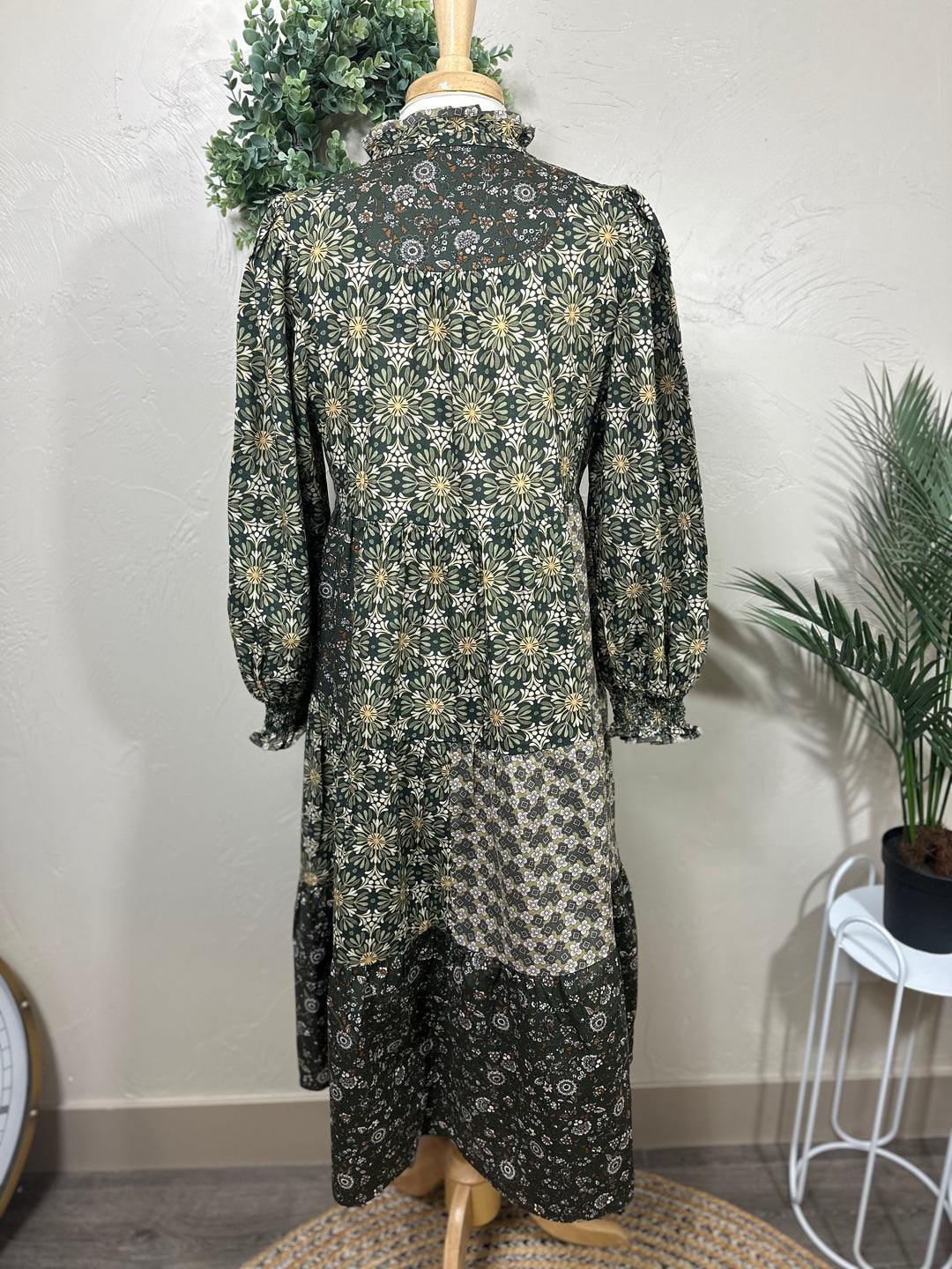 Liza Lou's Harper Olive Mixed Print Tiered Modest Dress