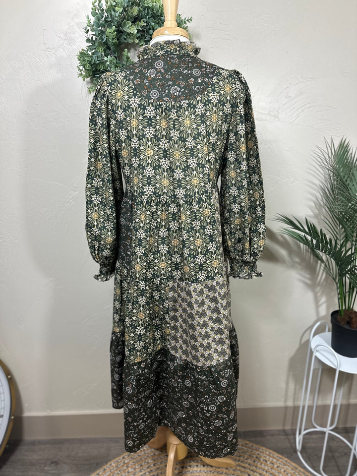 Liza Lou's Harper Olive Mixed Print Tiered Modest Dress