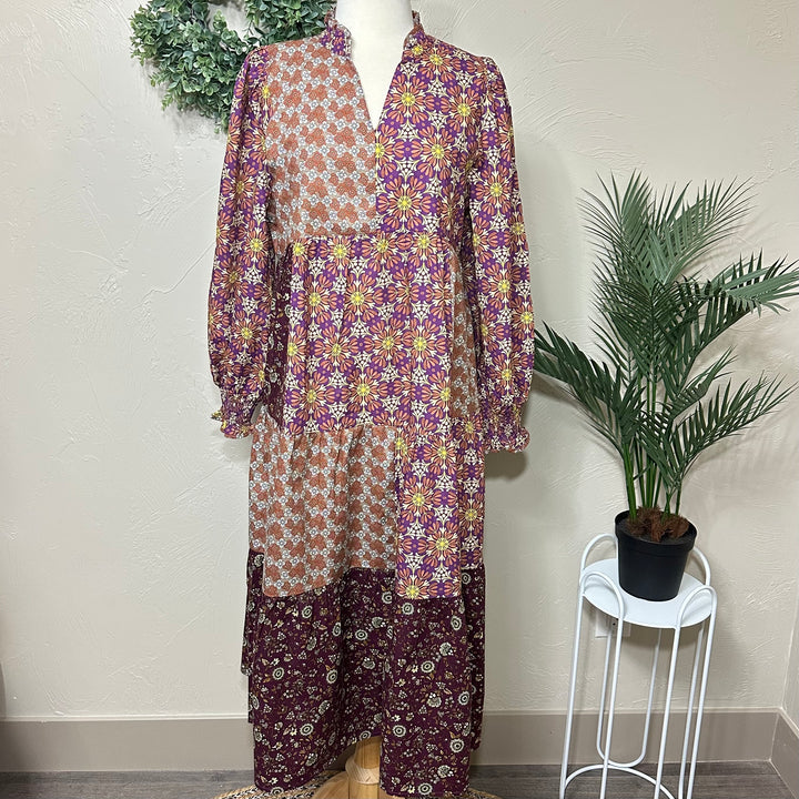 Liza Lou's Harper Purple Pink Mixed Print Tiered Modest Dress