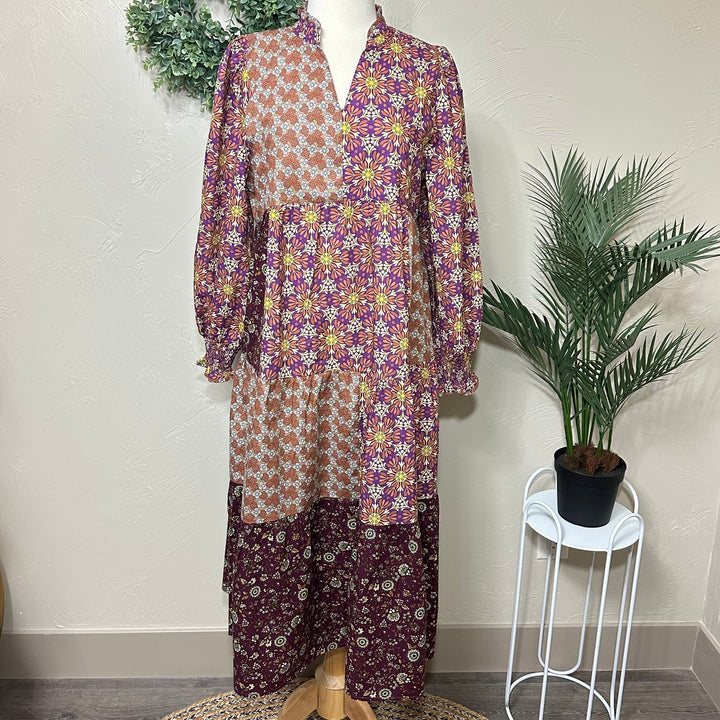 Liza Lou's Harper Purple Pink Mixed Print Tiered Modest Dress