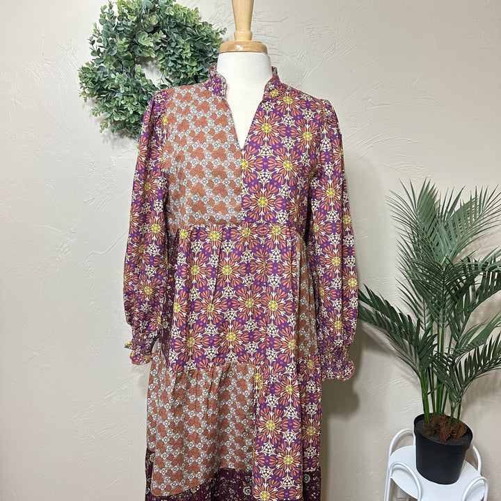 Liza Lou's Harper Purple Pink Mixed Print Tiered Modest Dress