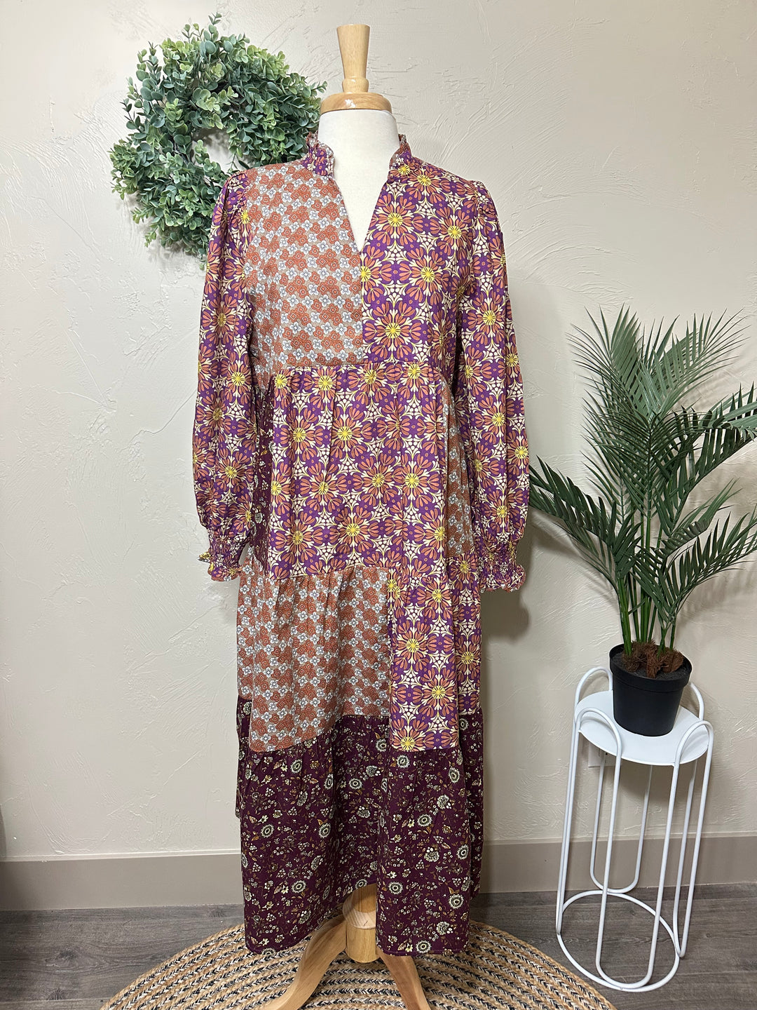 Liza Lou's Harper Purple Pink Mixed Print Tiered Modest Dress