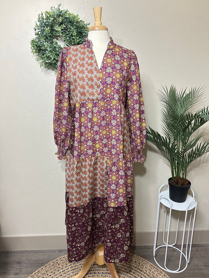 Liza Lou's Harper Purple Pink Mixed Print Tiered Modest Dress