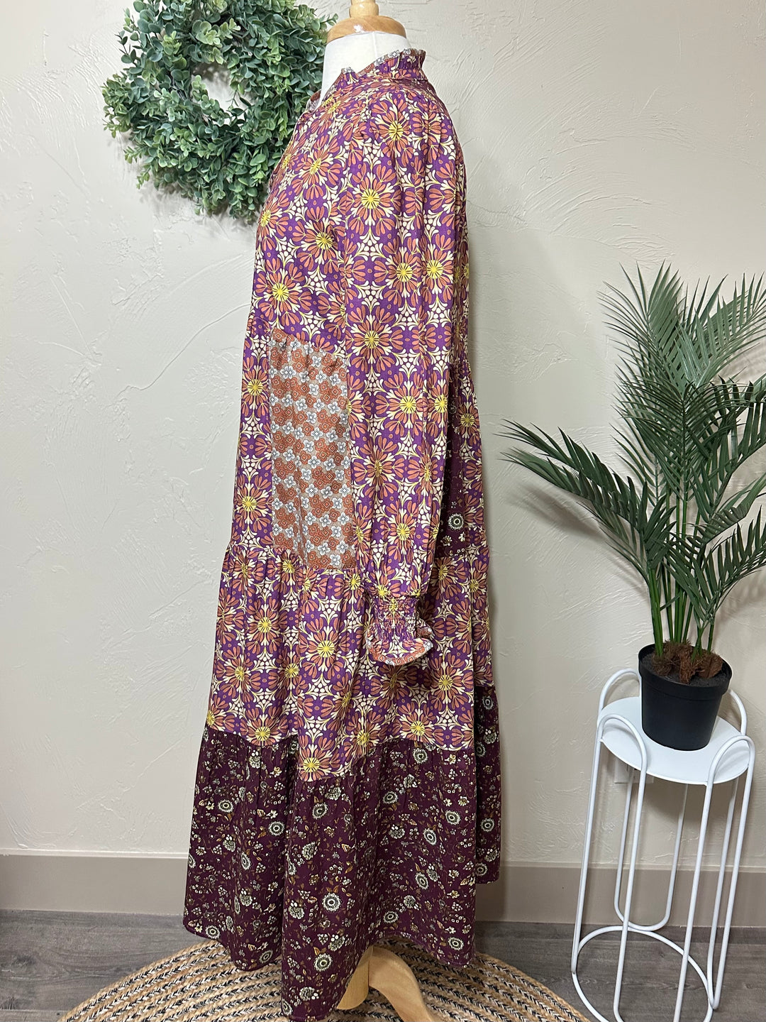 Liza Lou's Harper Purple Pink Mixed Print Tiered Modest Dress