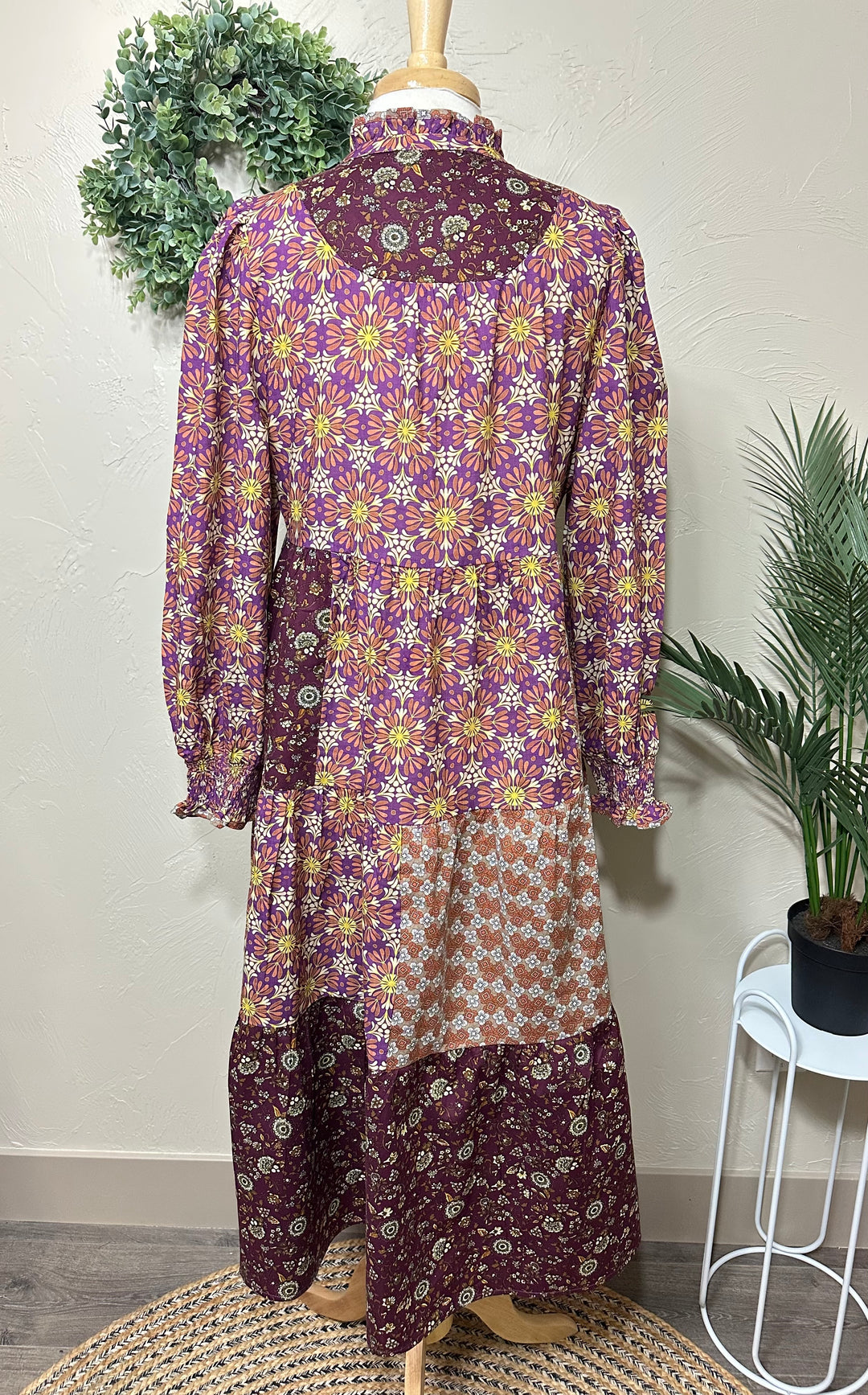 Liza Lou's Harper Purple Pink Mixed Print Tiered Modest Dress