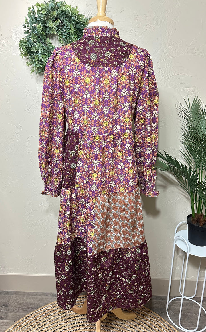 Liza Lou's Harper Purple Pink Mixed Print Tiered Modest Dress