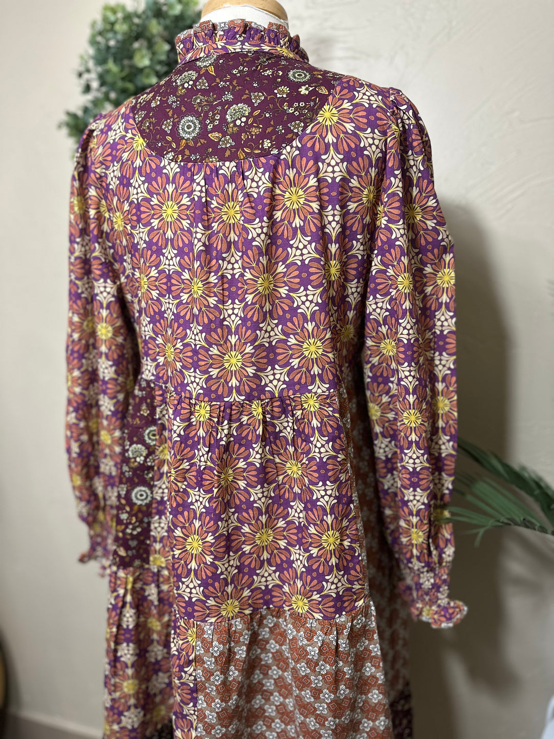 Liza Lou's Harper Purple Pink Mixed Print Tiered Modest Dress