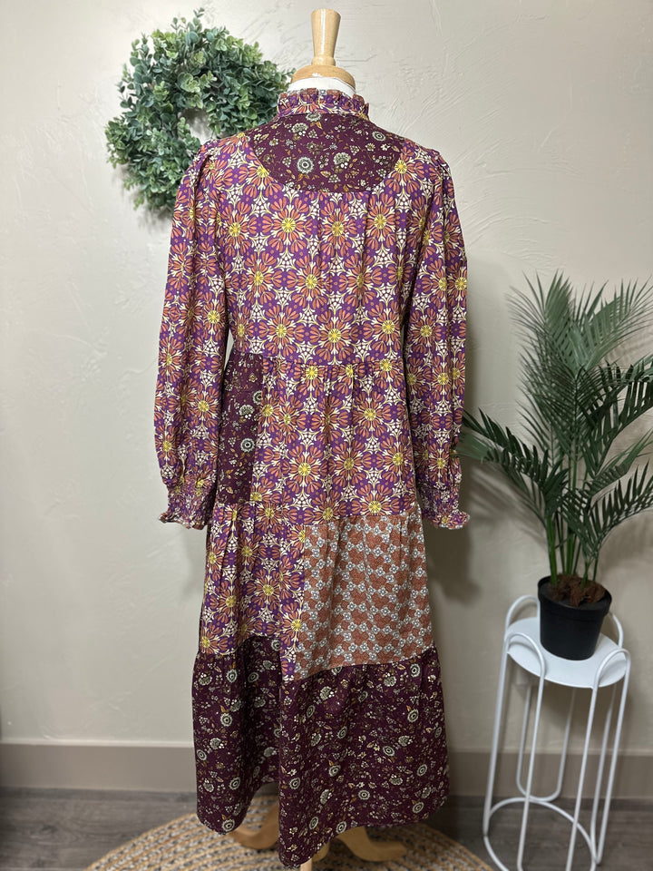 Liza Lou's Harper Purple Pink Mixed Print Tiered Modest Dress
