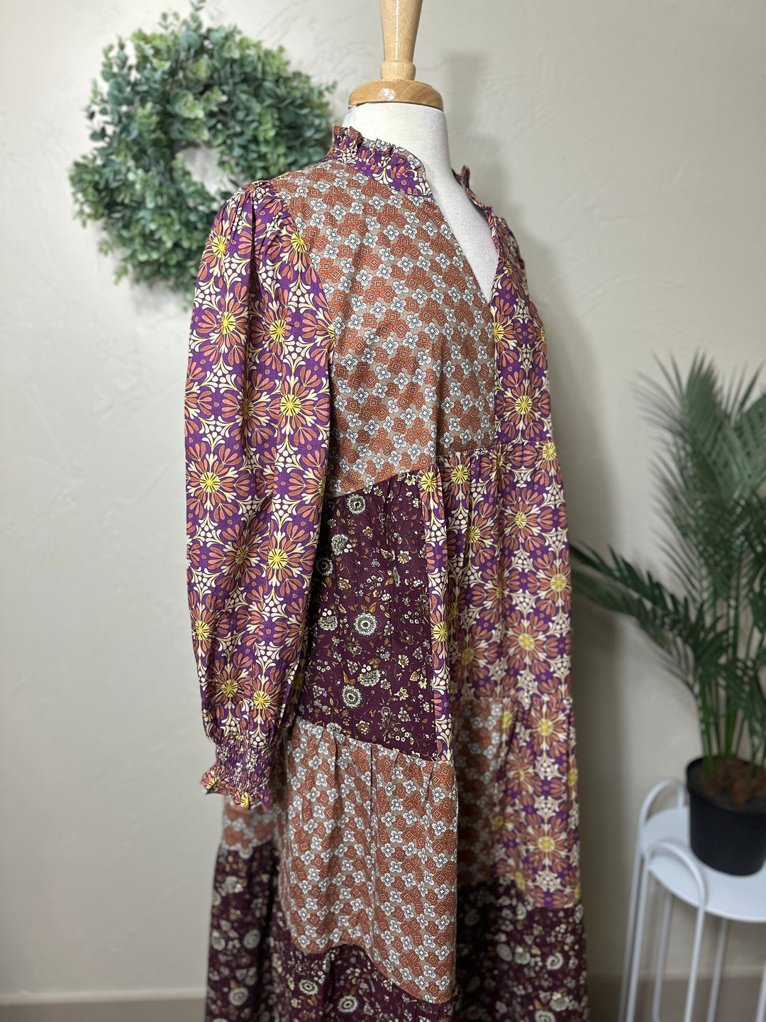 Liza Lou's Harper Purple Pink Mixed Print Tiered Modest Dress