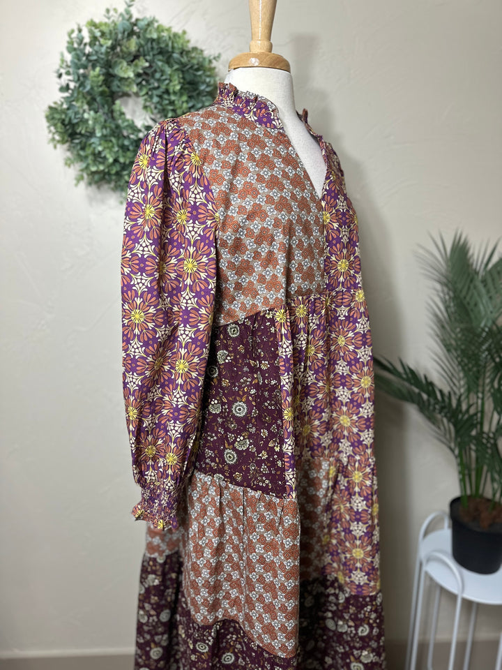 Liza Lou's Harper Purple Pink Mixed Print Tiered Modest Dress