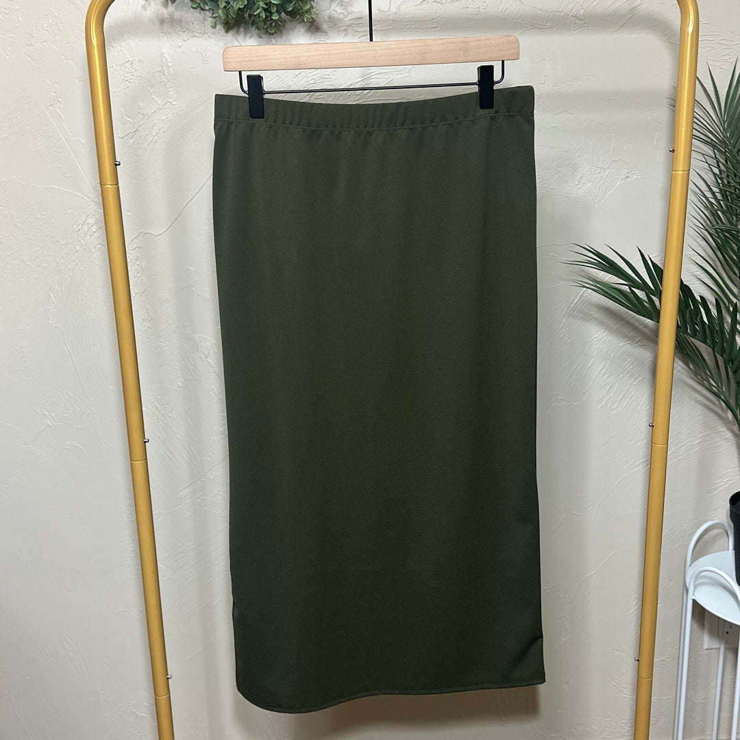 Liza Lou's Juliette Midi Skirt With Elastic Waist Mustard, Black, Olive, Burgundy, Tan