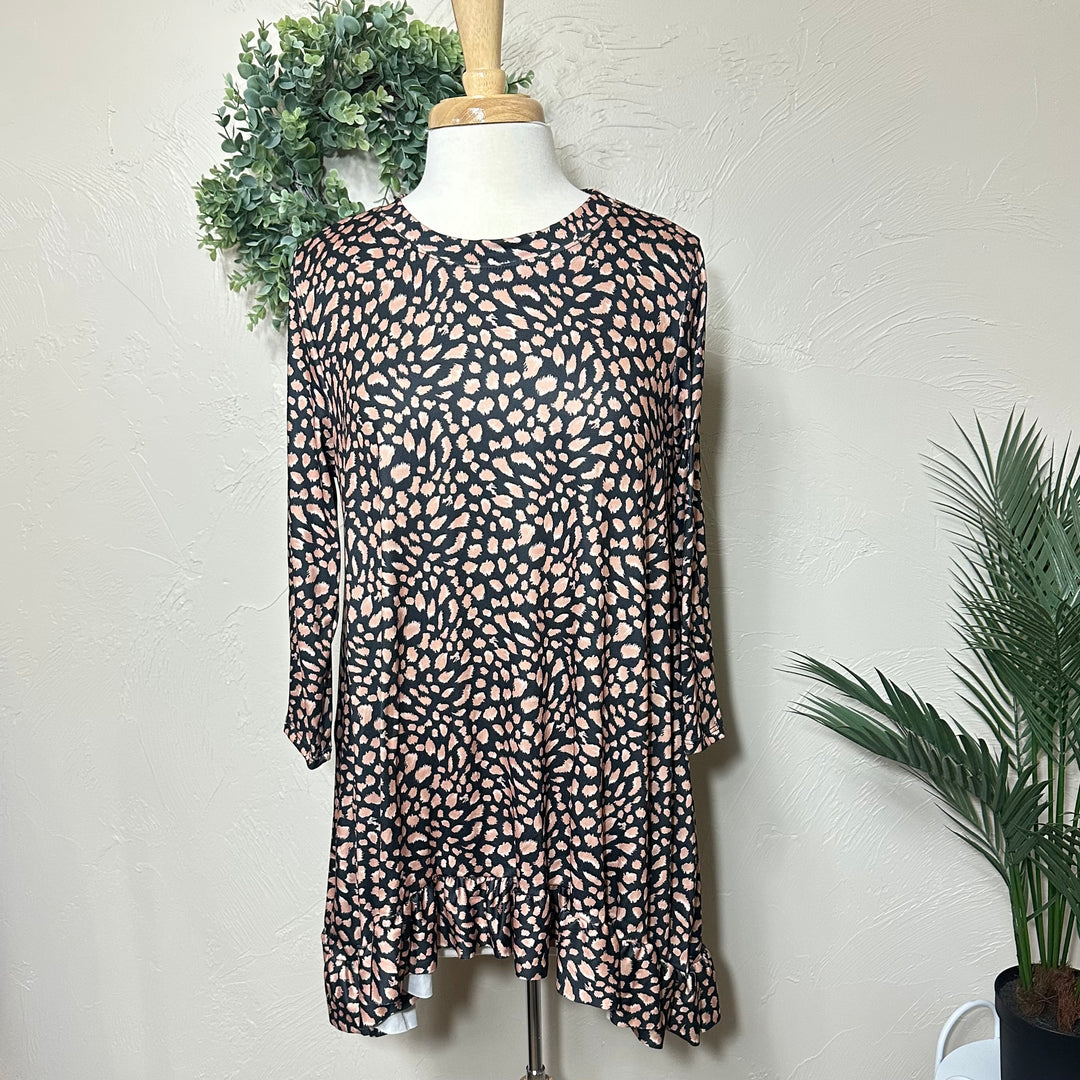 Liza Lou's Modest Black Brown with Spots Asymmetrical Tunic Modest Top Liza Lou's Modest Black Brown with Spots Asymmetrical Tunic Modest Top