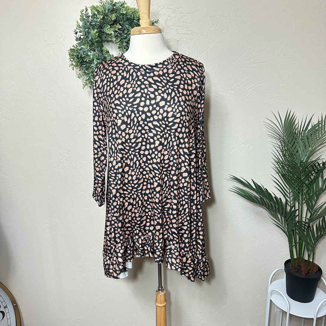 Liza Lou's Modest Black Brown with Spots Asymmetrical Tunic Modest Top