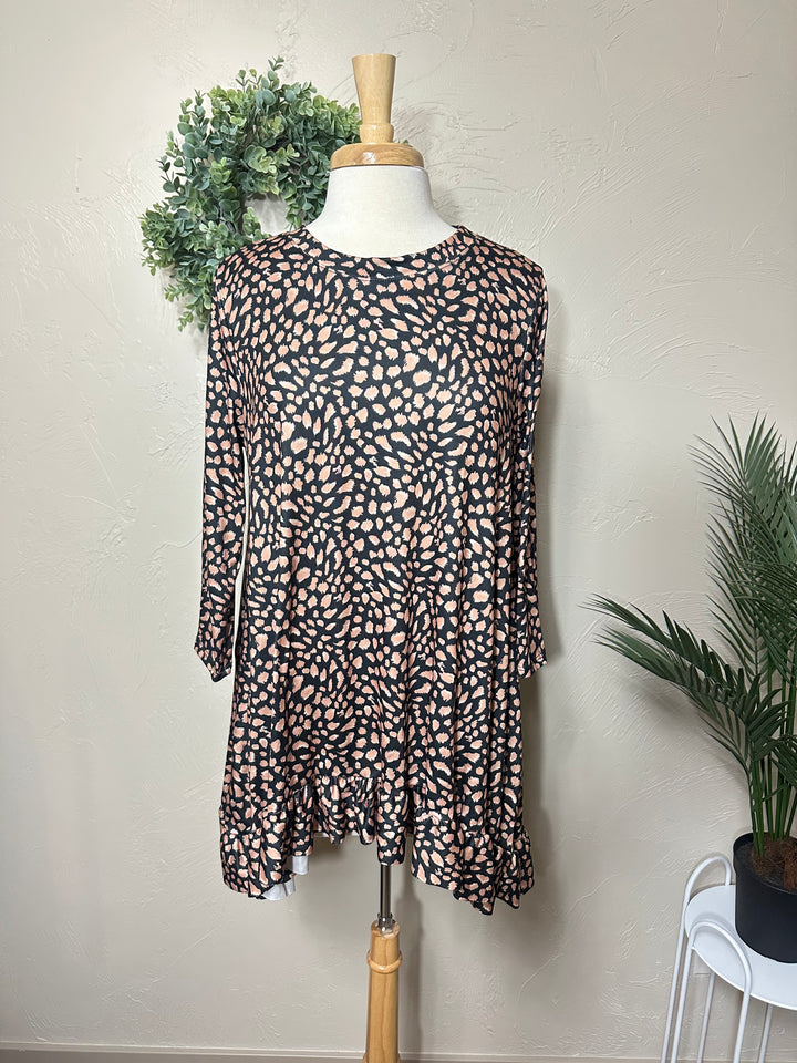 Liza Lou's Modest Black Brown with Spots Asymmetrical Tunic Modest Top
