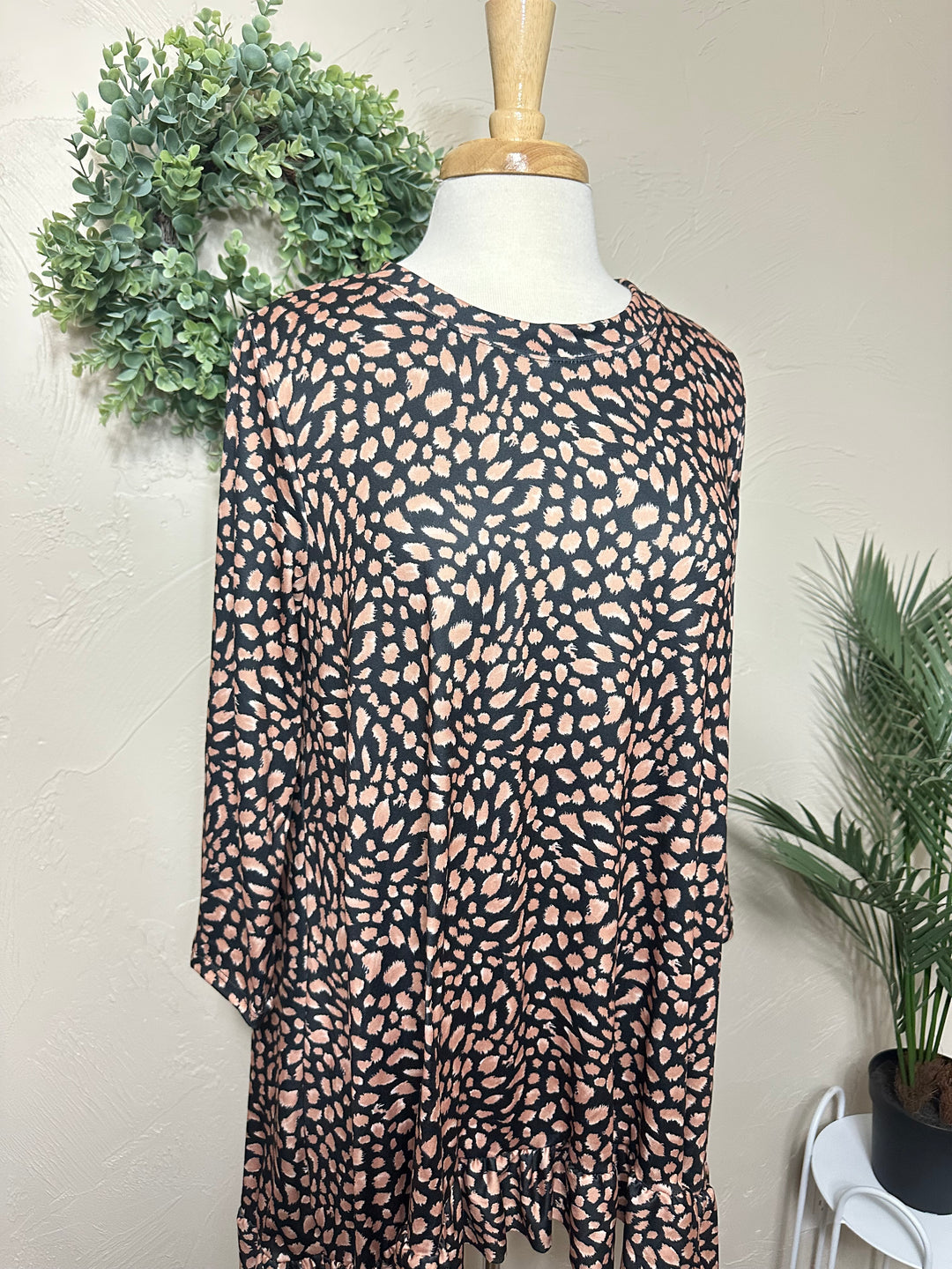 Liza Lou's Modest Black Brown with Spots Asymmetrical Tunic Modest Top