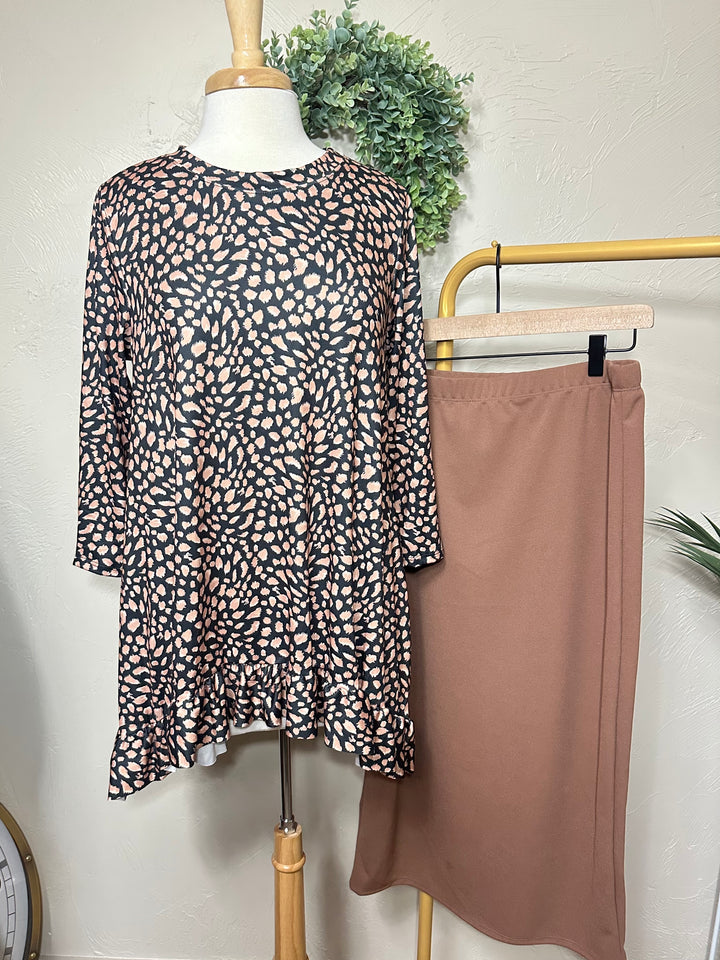Liza Lou's Modest Black Brown with Spots Asymmetrical Tunic Modest Top
