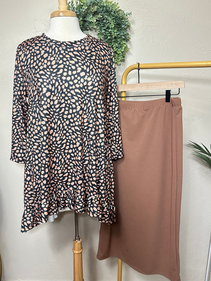 Liza Lou's Modest Black Brown with Spots Asymmetrical Tunic Modest Top