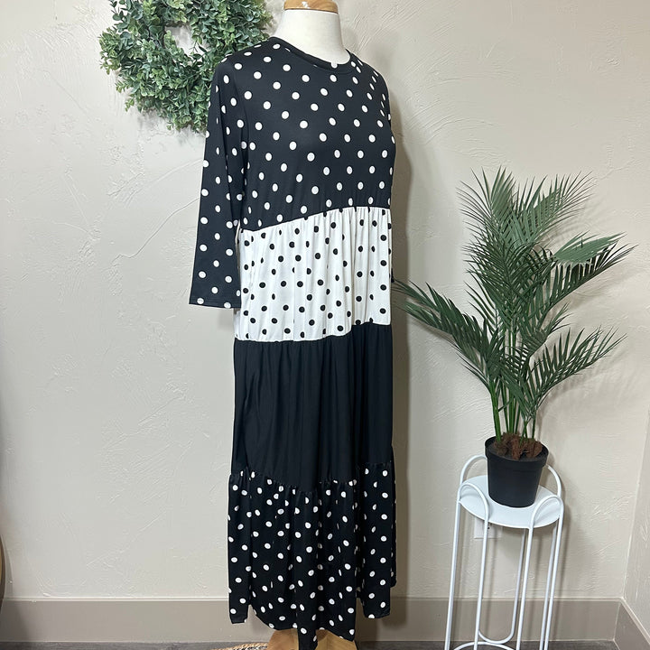 Liza Lou's Vienna Modest Black & White Polka Dot Contrast Tiered Modest Dress