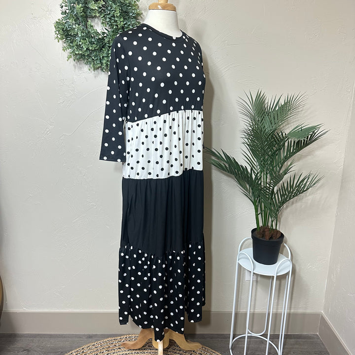 Liza Lou's Vienna Modest Black & White Polka Dot Contrast Tiered Modest Dress