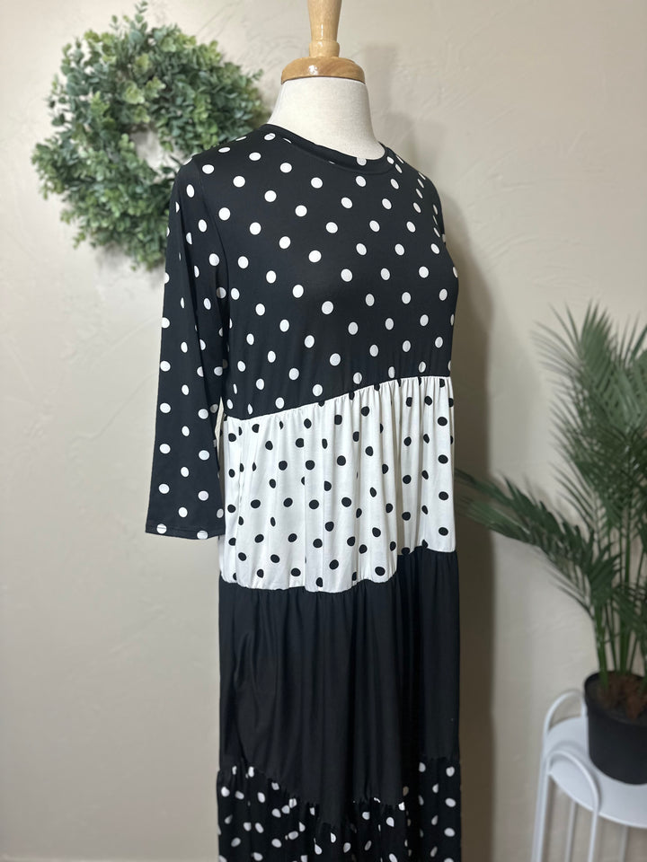 Liza Lou's Vienna Modest Black & White Polka Dot Contrast Tiered Modest Dress
