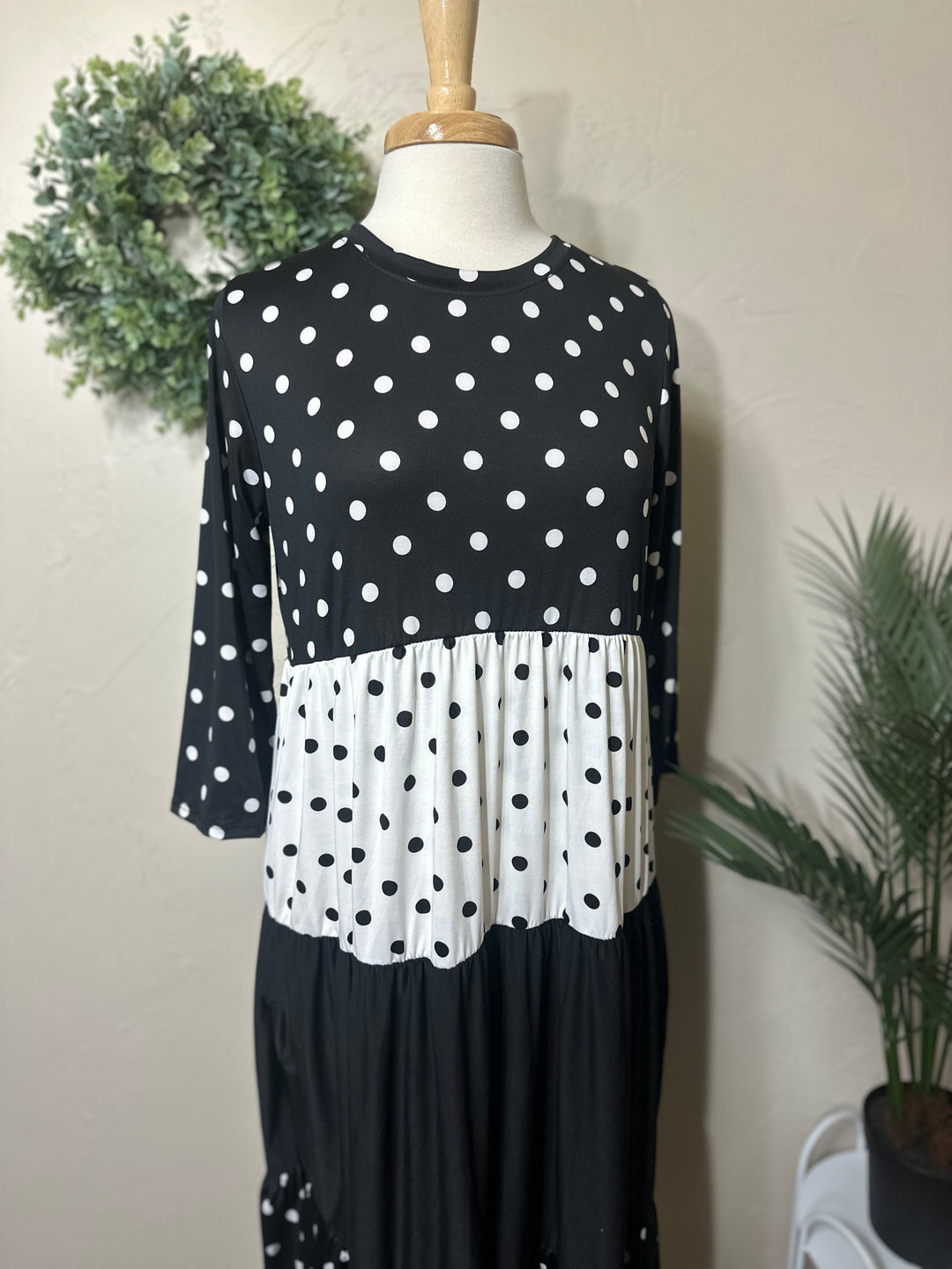 Liza Lou's Vienna Modest Black & White Polka Dot Contrast Tiered Modest Dress