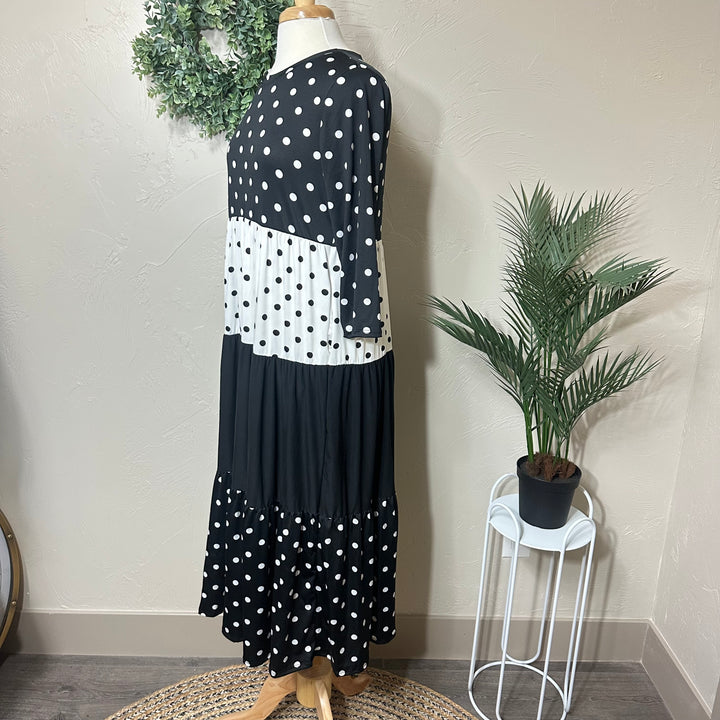 Liza Lou's Vienna Modest Black & White Polka Dot Contrast Tiered Modest Dress