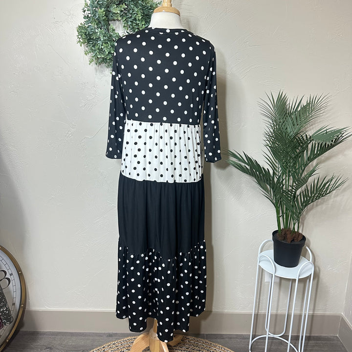 Liza Lou's Vienna Modest Black & White Polka Dot Contrast Tiered Modest Dress