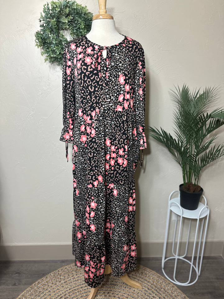 Liza Lou's Camilla Animal Print Flowy Black Pink Long Modest Dress