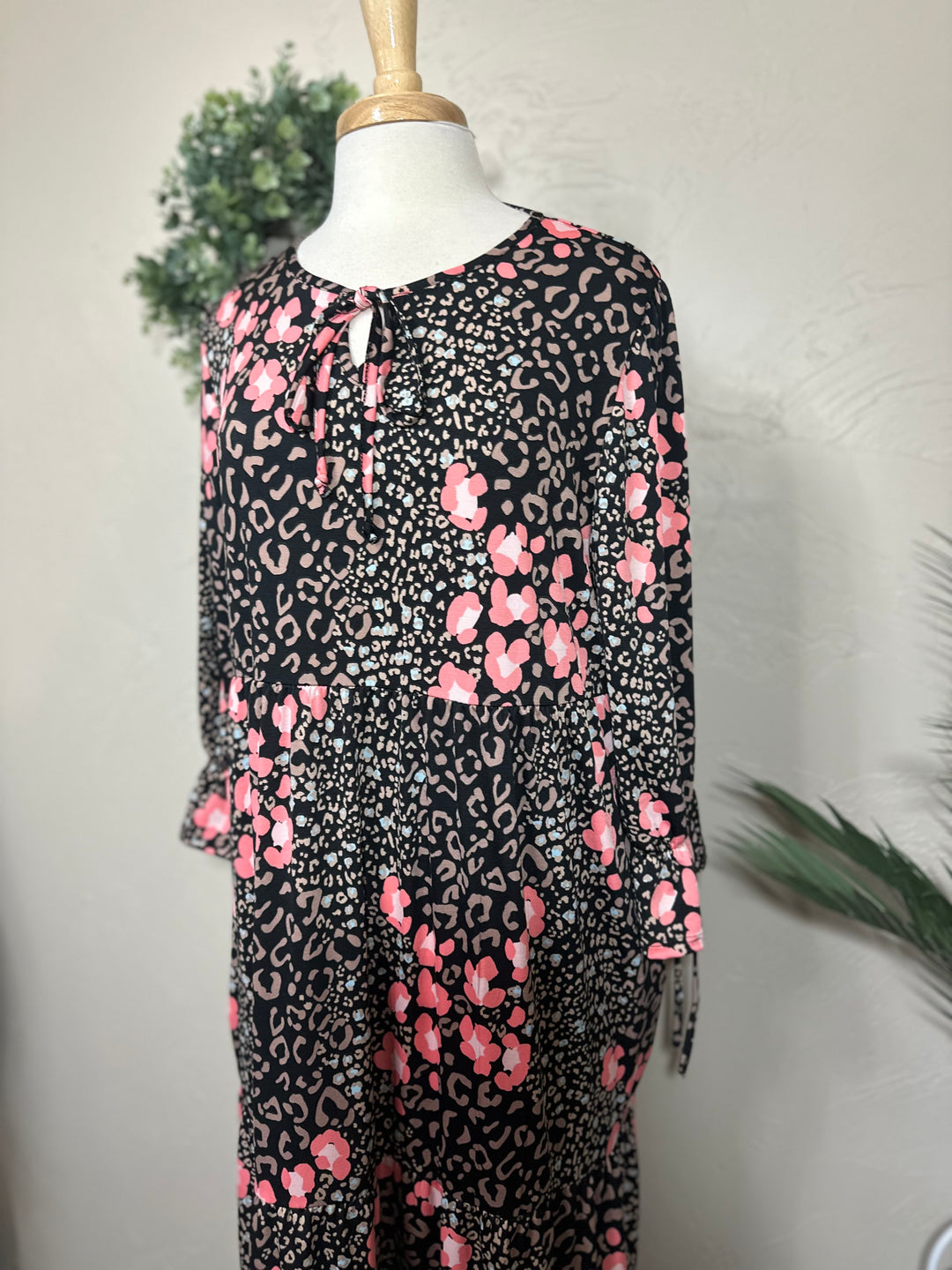 Liza Lou's Camilla Animal Print Flowy Black Pink Long Modest Dress