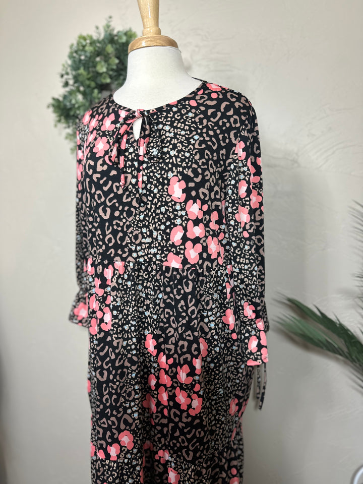 Liza Lou's Camilla Animal Print Flowy Black Pink Long Modest Dress