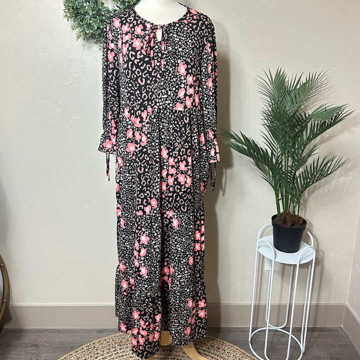 Liza Lou's Camilla Animal Print Flowy Black Pink Long Modest Dress