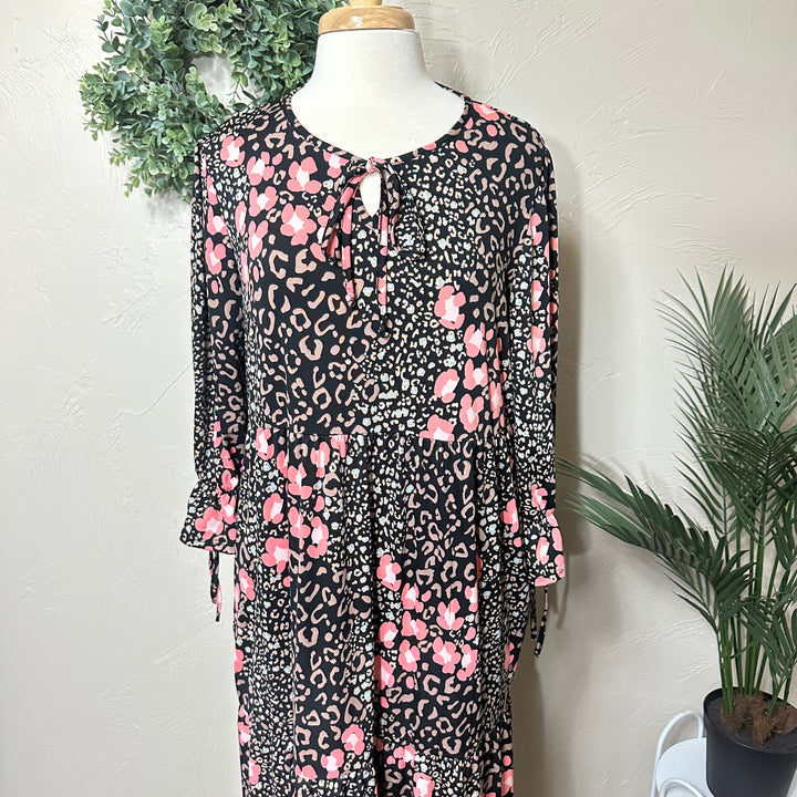 Liza Lou's Camilla Animal Print Flowy Black Pink Long Modest Dress