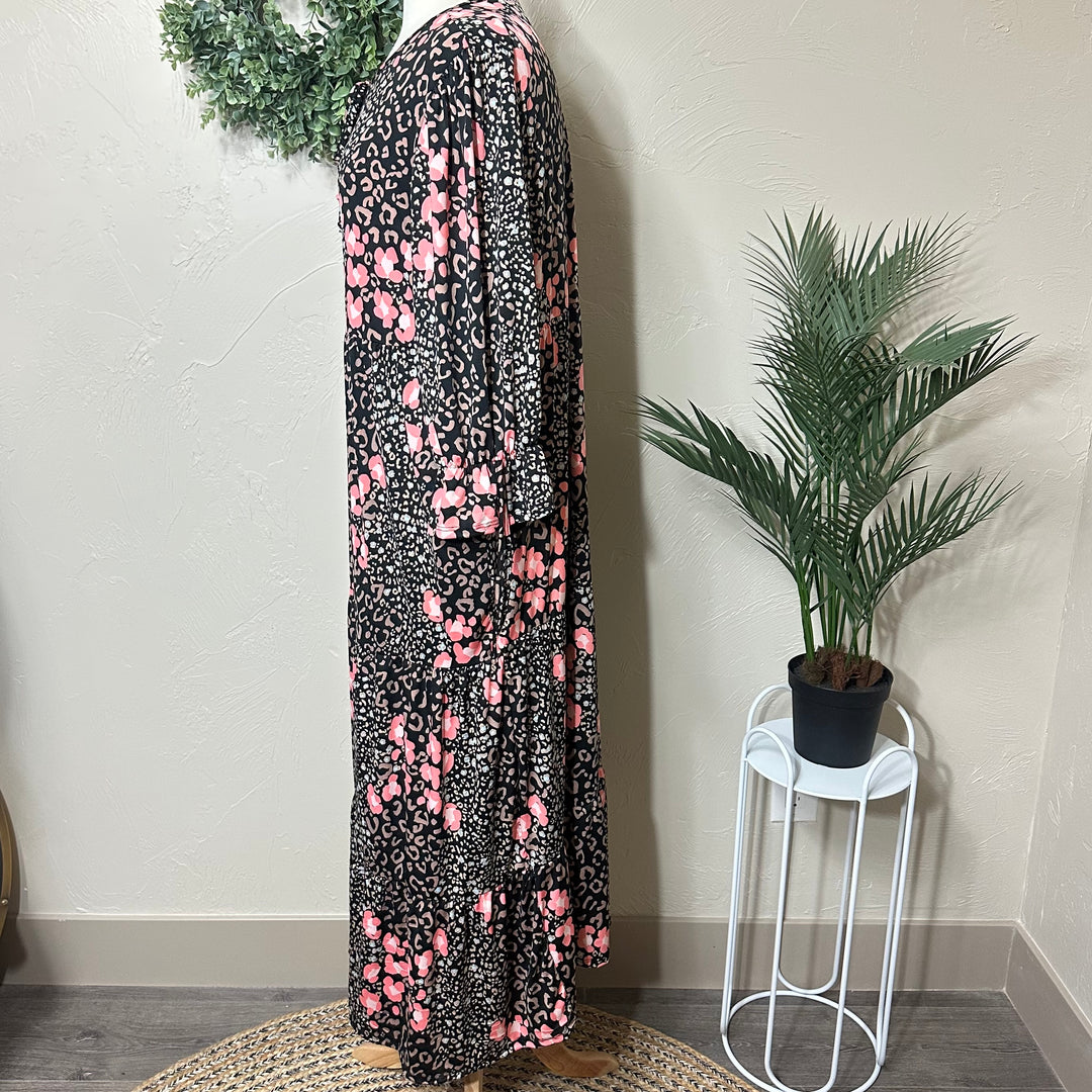 Liza Lou's Camilla Animal Print Flowy Black Pink Long Modest Dress