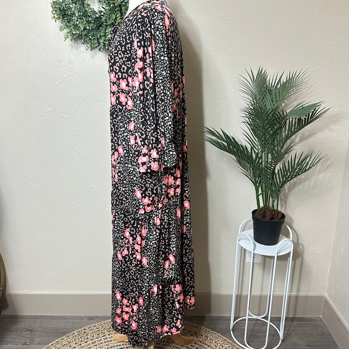 Liza Lou's Camilla Animal Print Flowy Black Pink Long Modest Dress