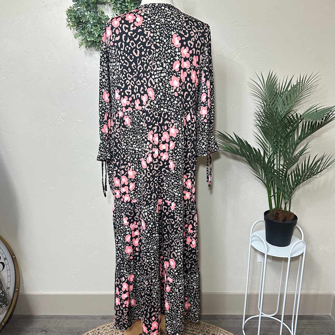Liza Lou's Camilla Animal Print Flowy Black Pink Long Modest Dress