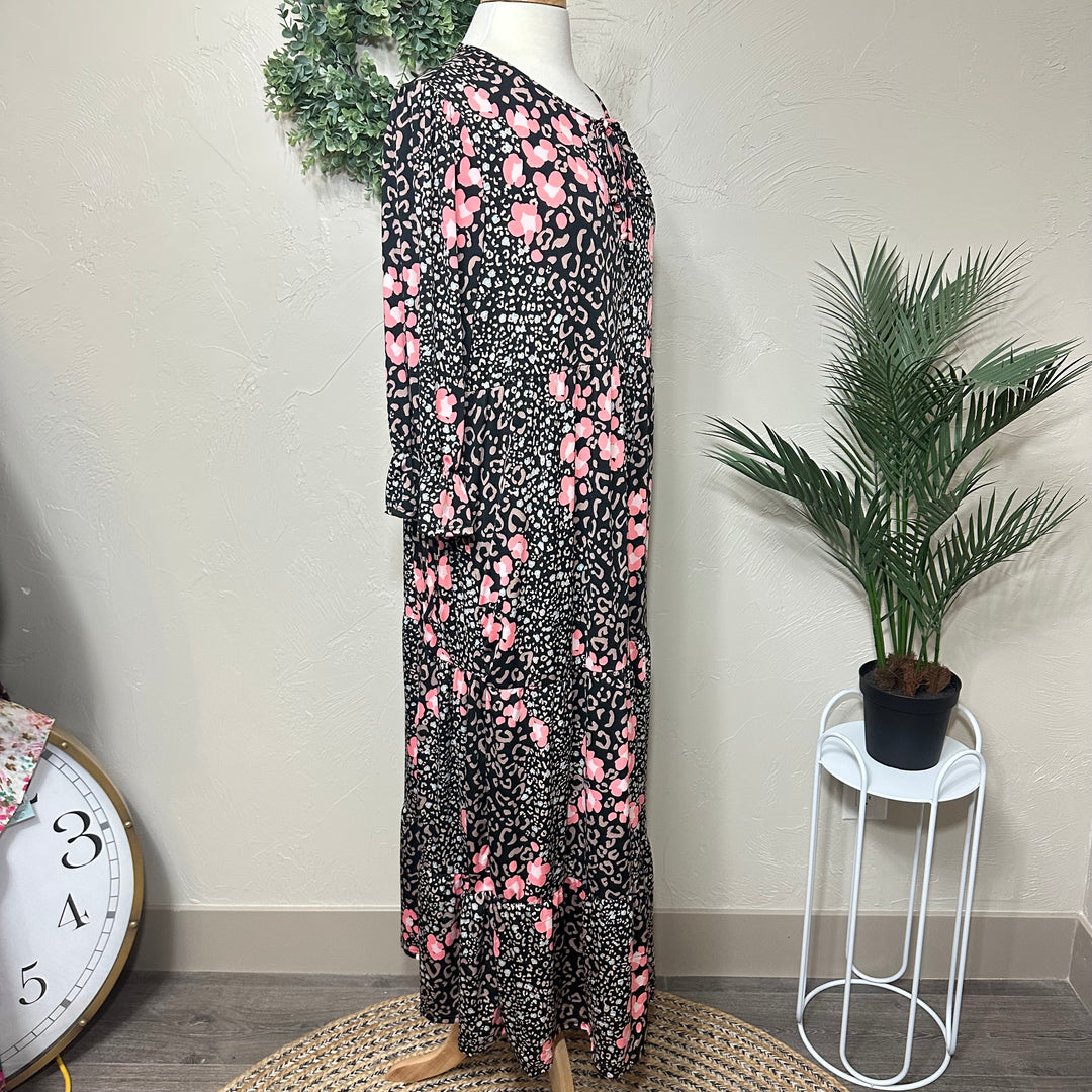 Liza Lou's Camilla Animal Print Flowy Black Pink Long Modest Dress