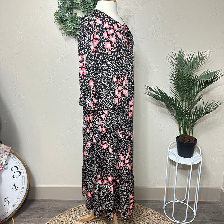 Liza Lou's Camilla Animal Print Flowy Black Pink Long Modest Dress