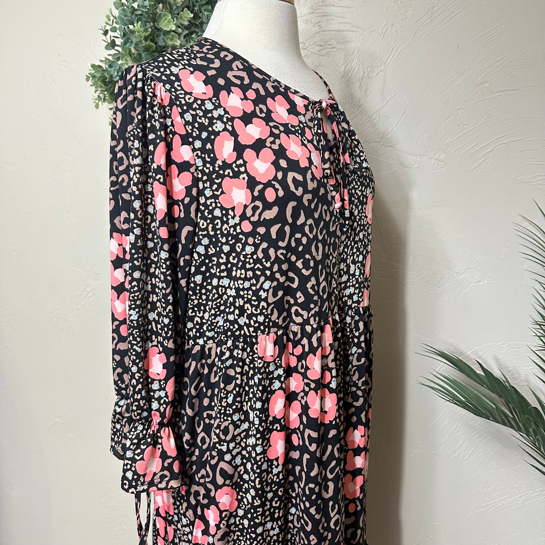Liza Lou's Camilla Animal Print Flowy Black Pink Long Modest Dress