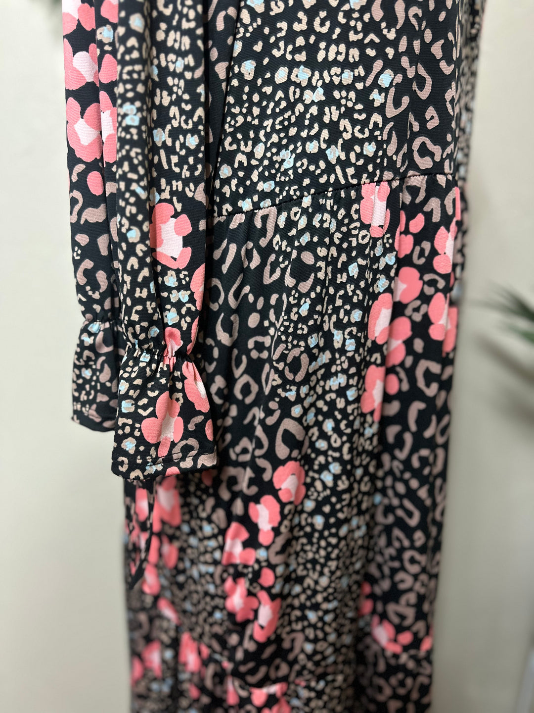 Liza Lou's Camilla Animal Print Flowy Black Pink Long Modest Dress