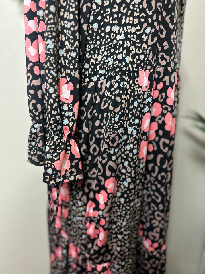 Liza Lou's Camilla Animal Print Flowy Black Pink Long Modest Dress