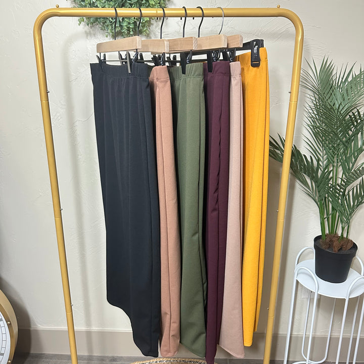 Liza Lou's Juliette Midi Skirt With Elastic Waist Mustard, Black, Olive, Burgundy, Tan
