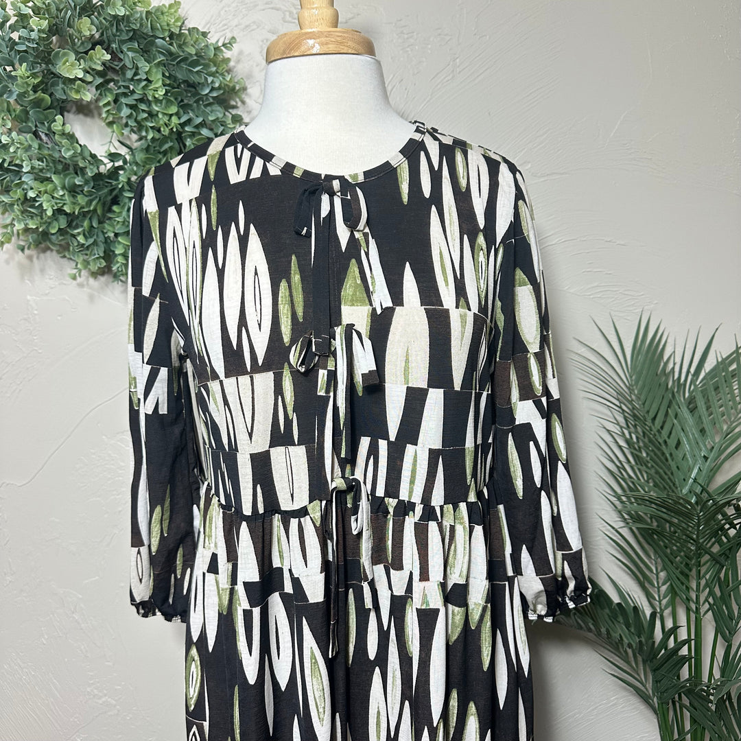Liza Lou’s Polly Black with Green Geometric Long Modest Dress