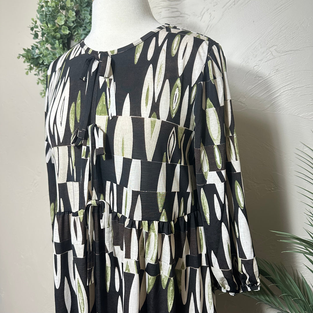 Liza Lou’s Polly Black with Green Geometric Long Modest Dress