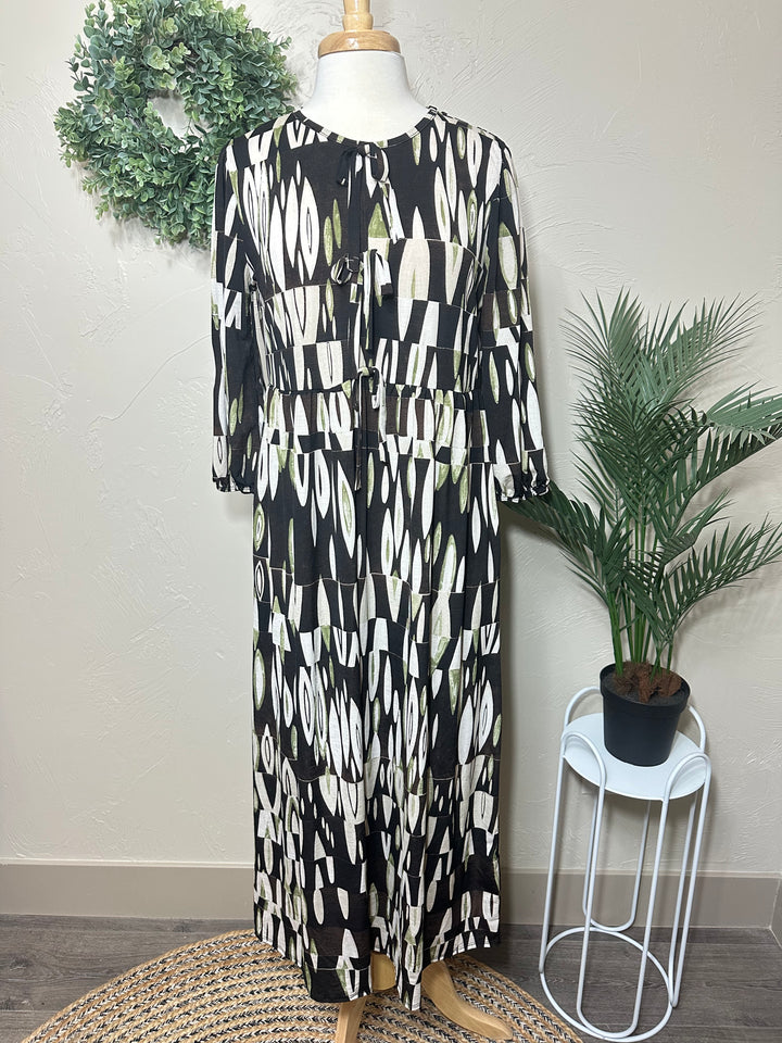 Liza Lou’s Polly Black with Green Geometric Long Modest Dress