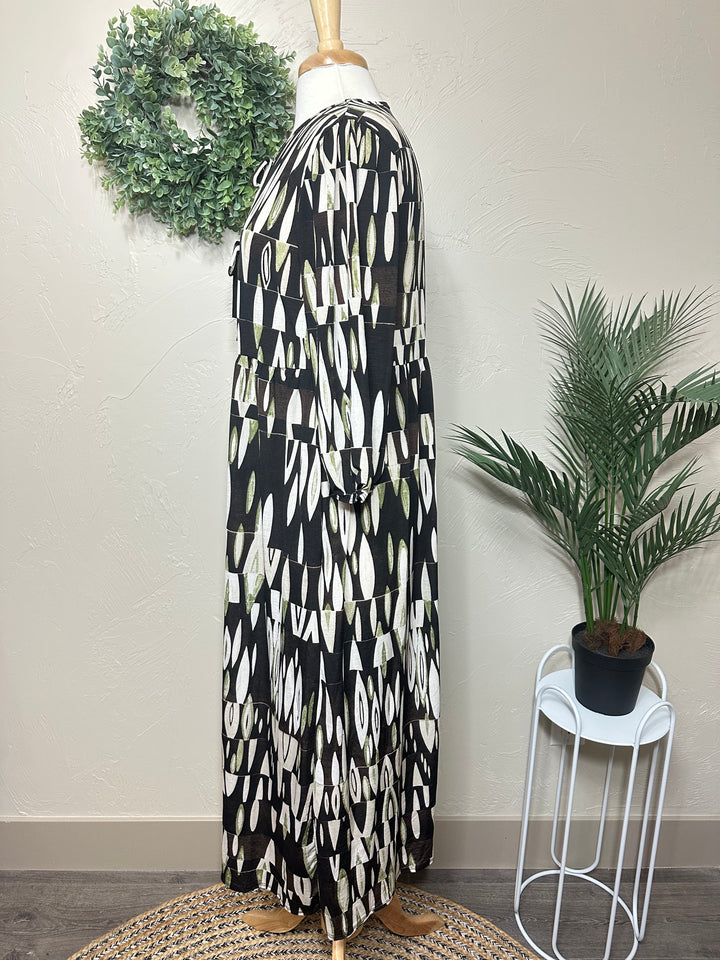 Liza Lou’s Polly Black with Green Geometric Long Modest Dress
