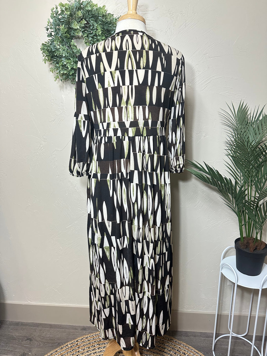 Liza Lou’s Polly Black with Green Geometric Long Modest Dress