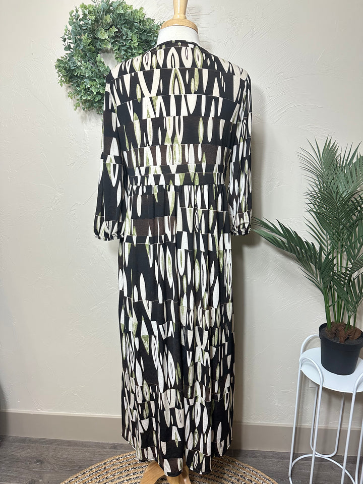 Liza Lou’s Polly Black with Green Geometric Long Modest Dress