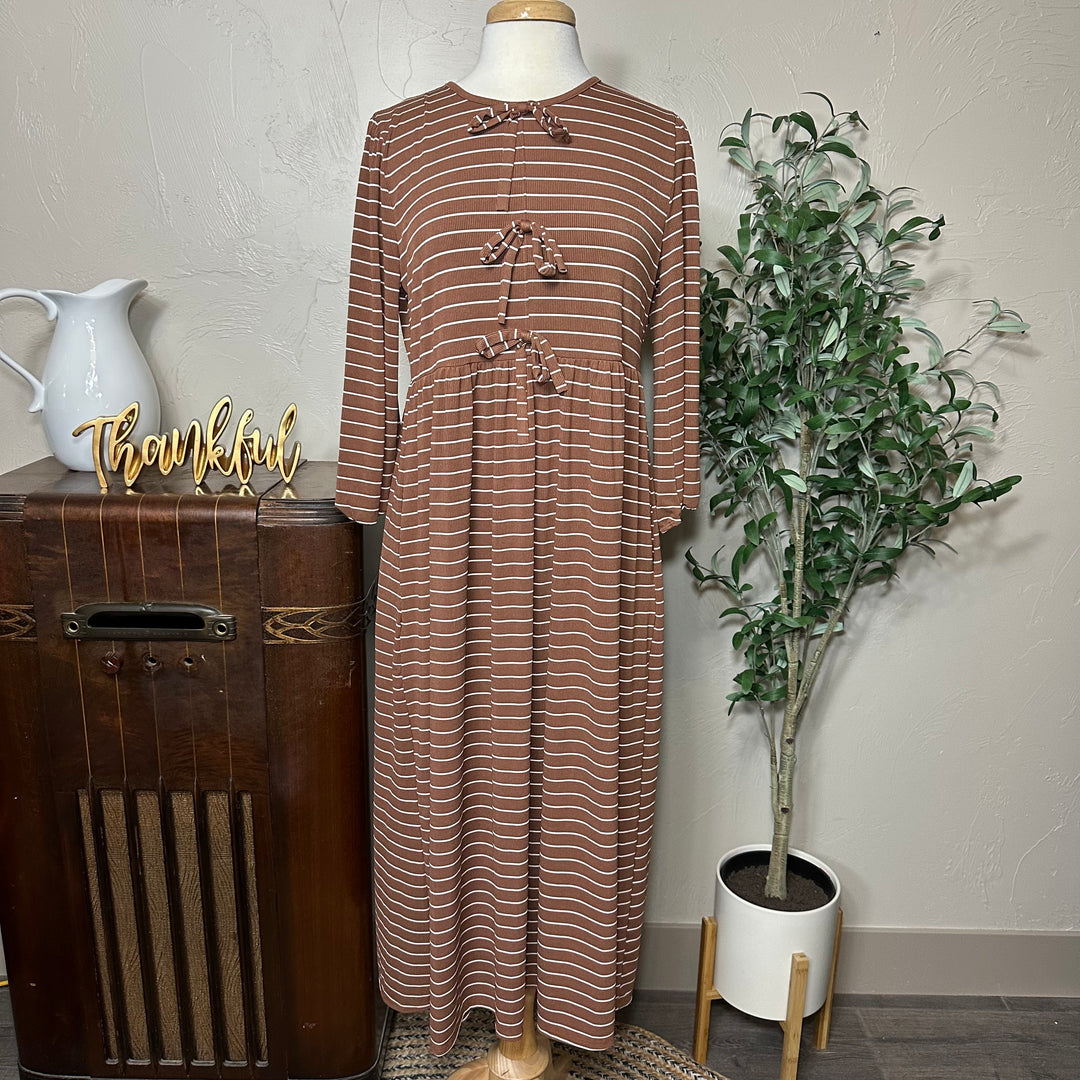 Ellie Triple Bow Striped Dress in toffee brown, three front bows, front view